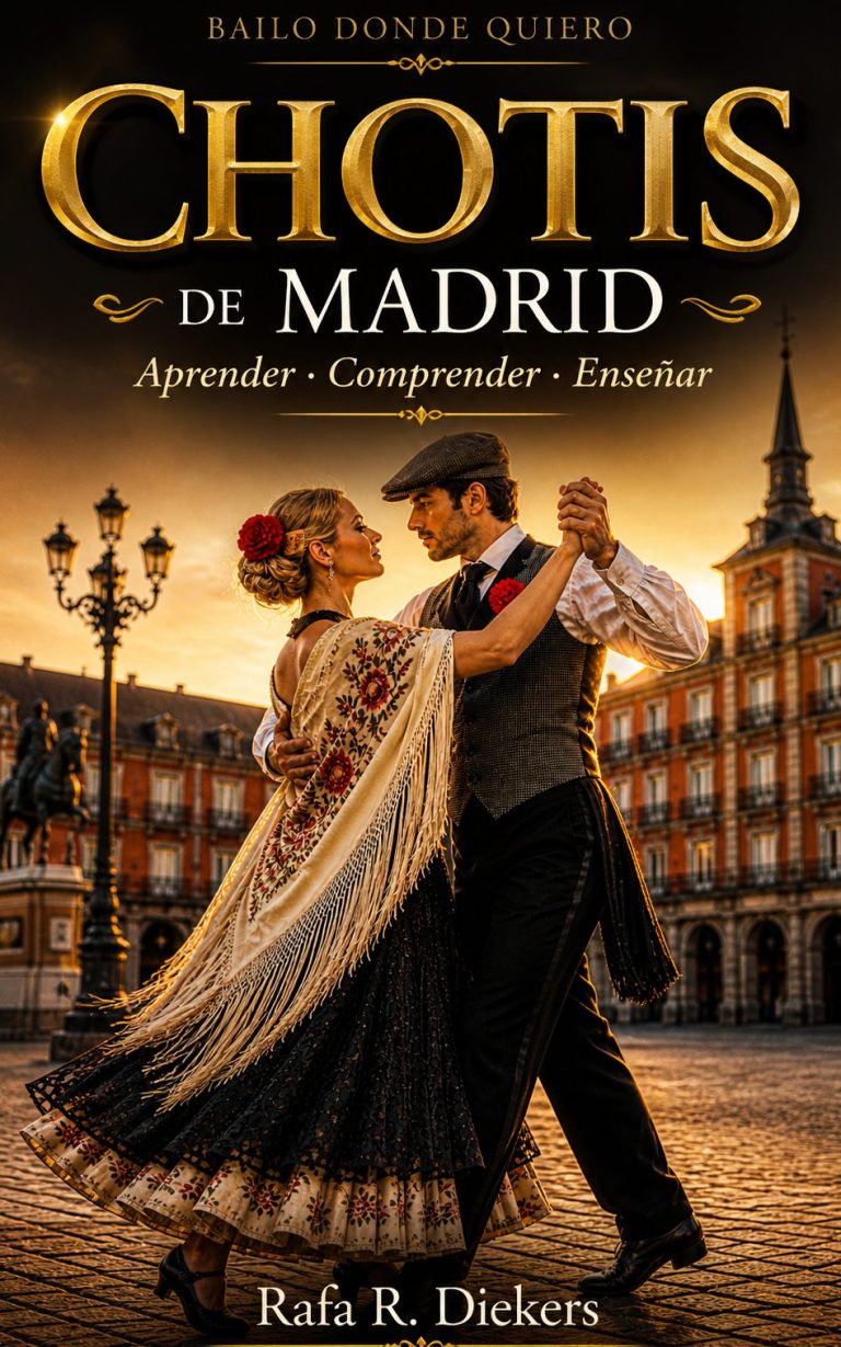 Ebook Amazon Pareja bailando chotis en la Plaza Mayor de Madrid, con un fondo dorado.